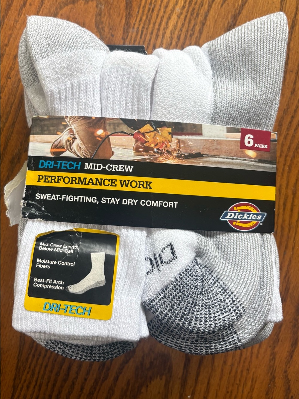 Dickies White & Gray Mid-Crew Dri-Tech Performance Work Socks - 6 Pairs